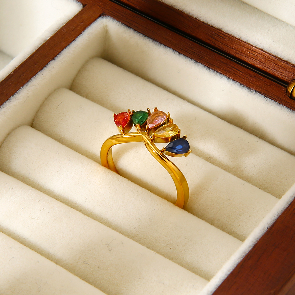 18K Gold Plated Waterproof Stainless Steel Ring, Unique Ins-Style Teardrop Rainbow Zircon Band Dainty Finger Jewelry - Image 2