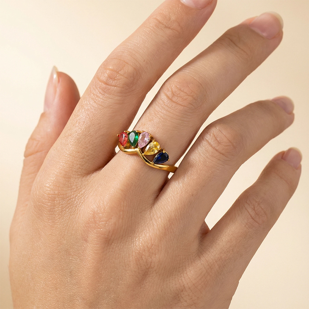 18K Gold Plated Waterproof Stainless Steel Ring, Unique Ins-Style Teardrop Rainbow Zircon Band Dainty Finger Jewelry - Image 3