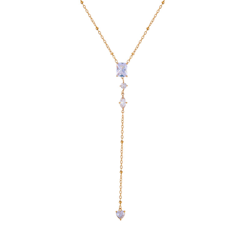 18K Gold-Plated Stainless Steel Y-Shaped Necklace, Geometric Cubic Zirconia Long Drop Pendant Fashion Neck Jewelry for Women