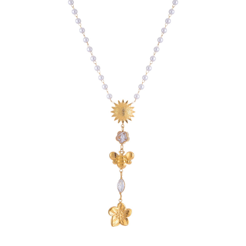 18K Gold Plated Floral Zirconia Pendant Faux Pearl Stainless Steel Necklace Dainty Chain Jewelry for Women Waterproof Gift