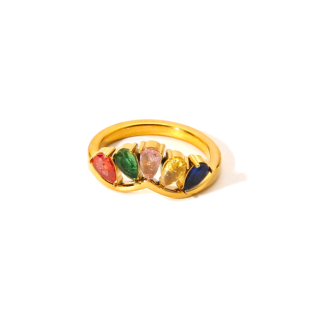 18K Gold Plated Waterproof Stainless Steel Ring, Unique Ins-Style Teardrop Rainbow Zircon Band Dainty Finger Jewelry