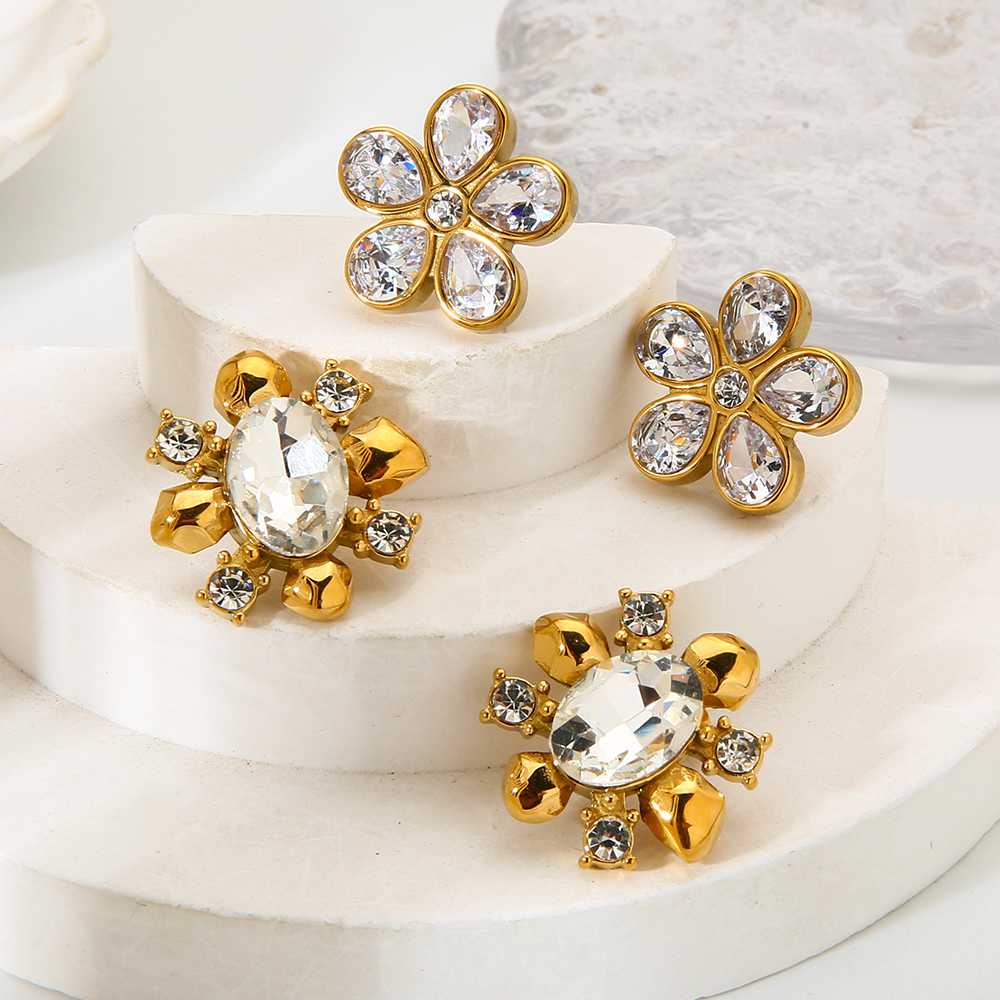 Ins Style 18K Gold Plated Stainless Steel Flower Stud Earrings, Inlaid Cubic Zirconia Fadeproof Luxury Designer Ear Jewelry For Women Daily Wear - Image 2