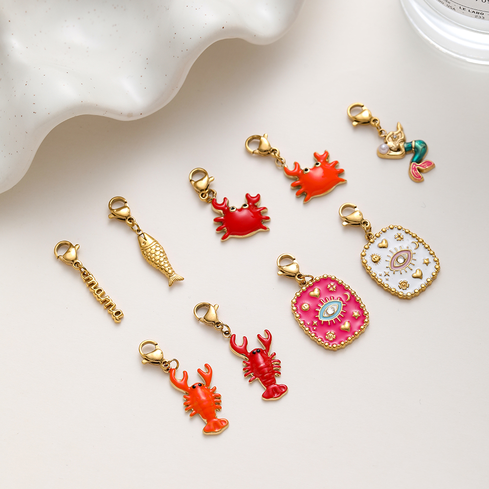 18K Gold Plated Waterproof Stainless Steel Enamel Charms, Crab Lobster Mermaid Pendant Charms, DIY Jewelry Making Accessories With Lobster Clasp For Bracelet Necklace - Image 2