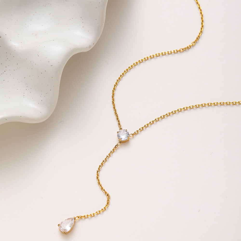 18K Gold Plated Stainless Steel Y-Shaped Necklace Round Teardrop Cubic Zirconia Pendant Necklace, Minimalist Luxury Women Neck Jewelry Daily Wear - Image 2