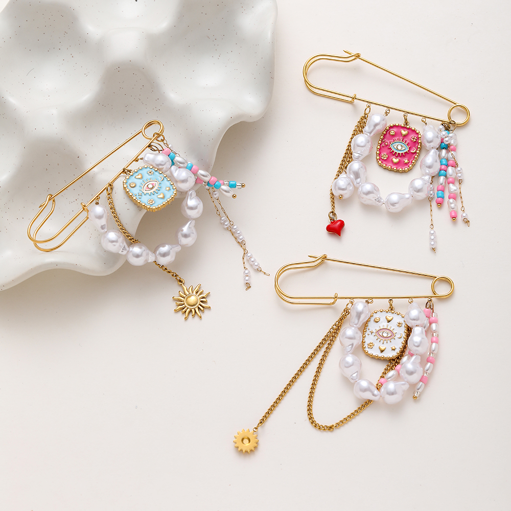 Ins Style 18K Gold Plated Waterproof Stainless Steel Brooch Faux Pearl Tassel Pendant Multi-purpose Pin Fashion Clothing Accessory For Women - Image 3