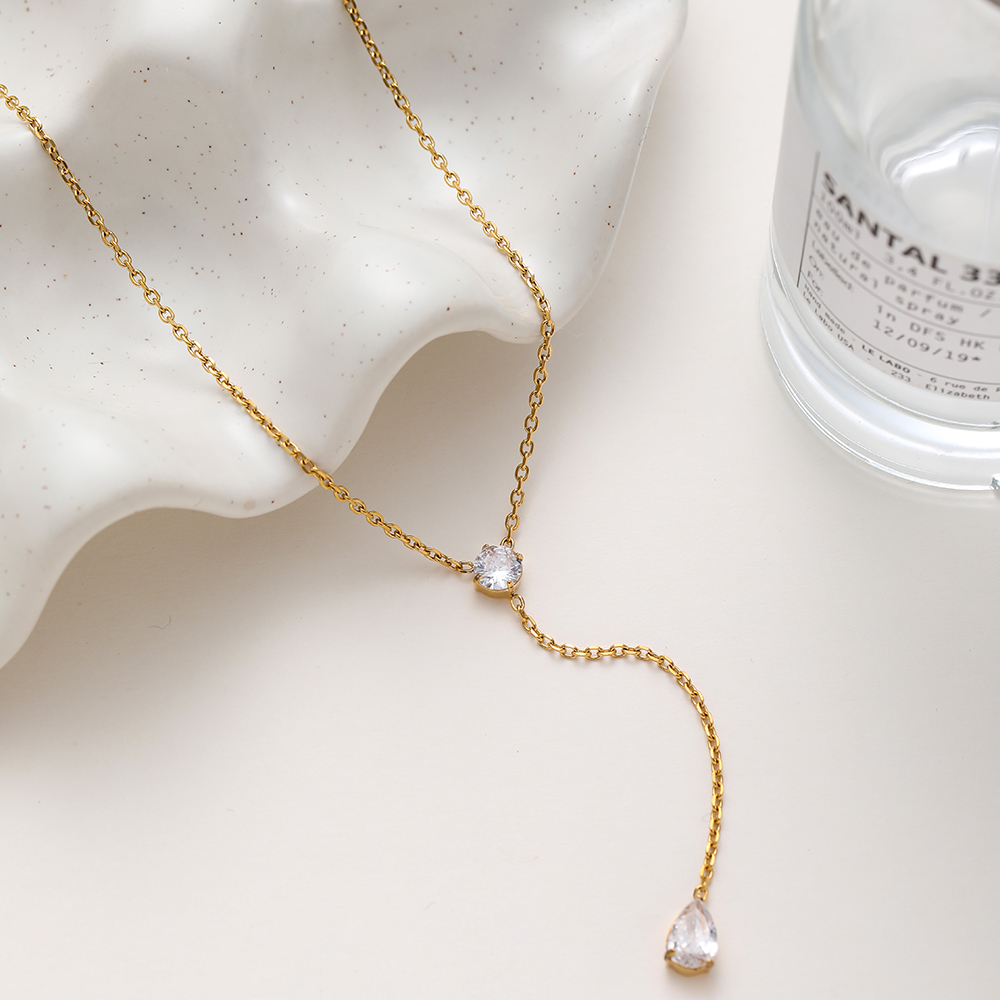 18K Gold Plated Stainless Steel Y-Shaped Necklace Round Teardrop Cubic Zirconia Pendant Necklace, Minimalist Luxury Women Neck Jewelry Daily Wear - Image 3