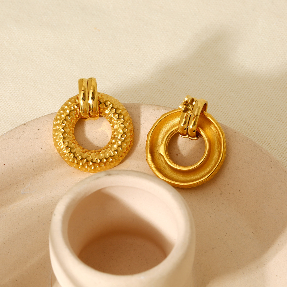 Ins Style 18K Gold Plated Stainless Steel Round Hammered Stud Earrings, Minimalist Versatile Fashion Ear Jewelry for Women Daily Wear - Image 5