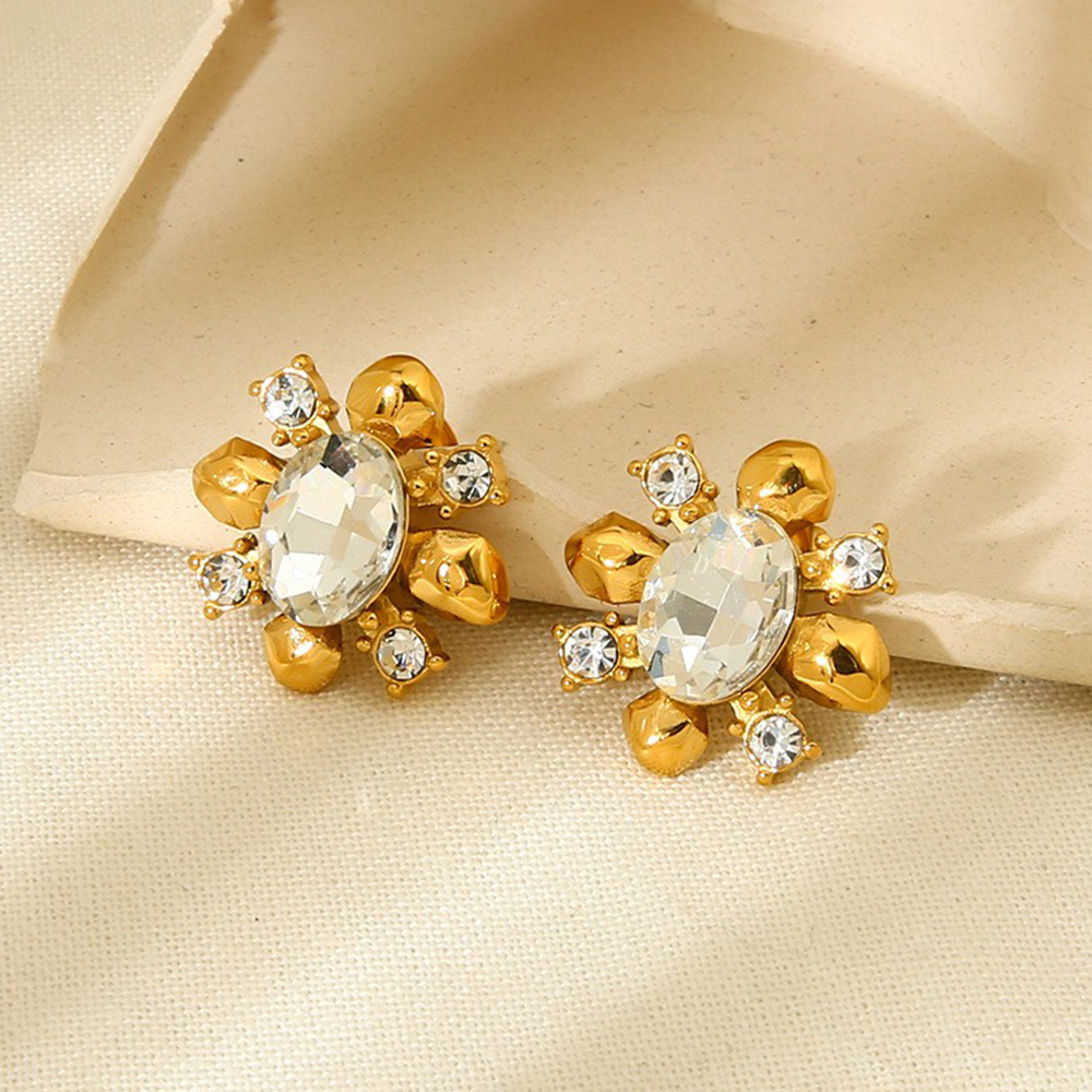 Ins Style 18K Gold Plated Stainless Steel Flower Stud Earrings, Inlaid Cubic Zirconia Fadeproof Luxury Designer Ear Jewelry For Women Daily Wear - Image 5