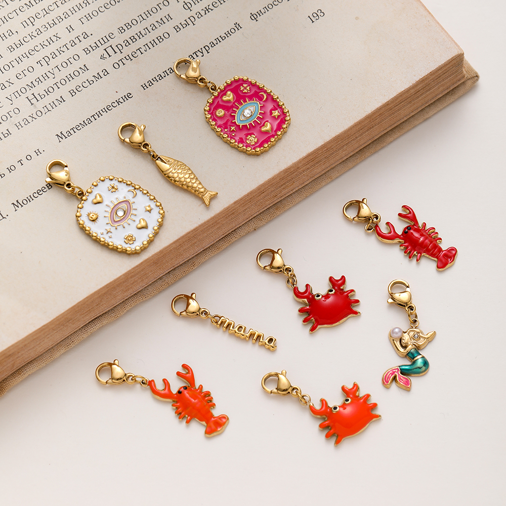18K Gold Plated Waterproof Stainless Steel Enamel Charms, Crab Lobster Mermaid Pendant Charms, DIY Jewelry Making Accessories With Lobster Clasp For Bracelet Necklace - Image 4