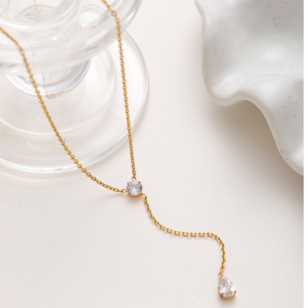 18K Gold Plated Stainless Steel Y-Shaped Necklace Round Teardrop Cubic Zirconia Pendant Necklace, Minimalist Luxury Women Neck Jewelry Daily Wear - Image 4