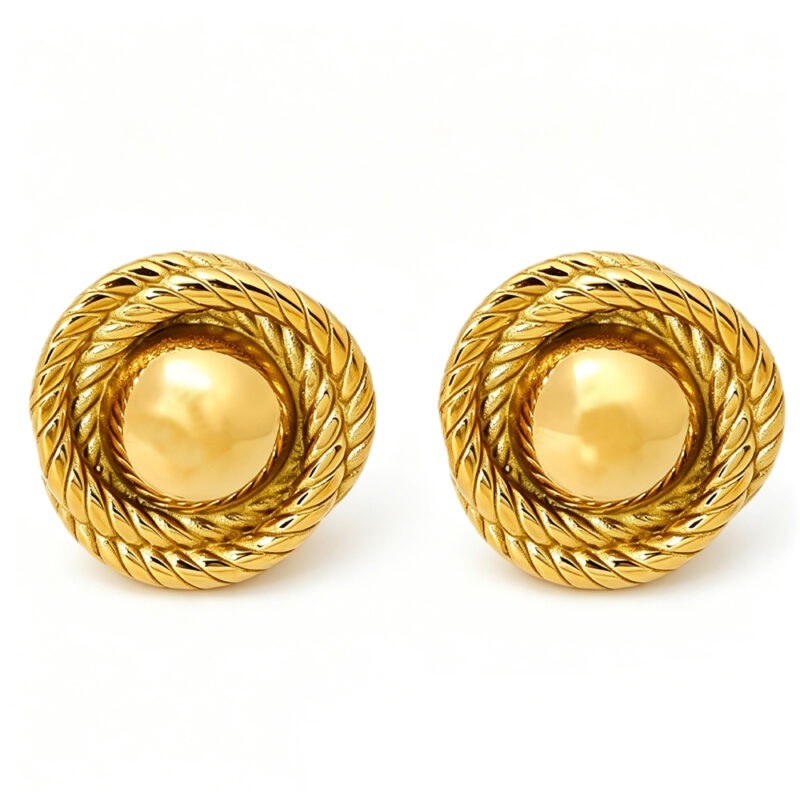 Ins Threaded Textured Round Stainless Steel Stud Earrings, 18K Gold Plated Waterproof Niche Luxury Ear Jewelry For Women Daily Wear