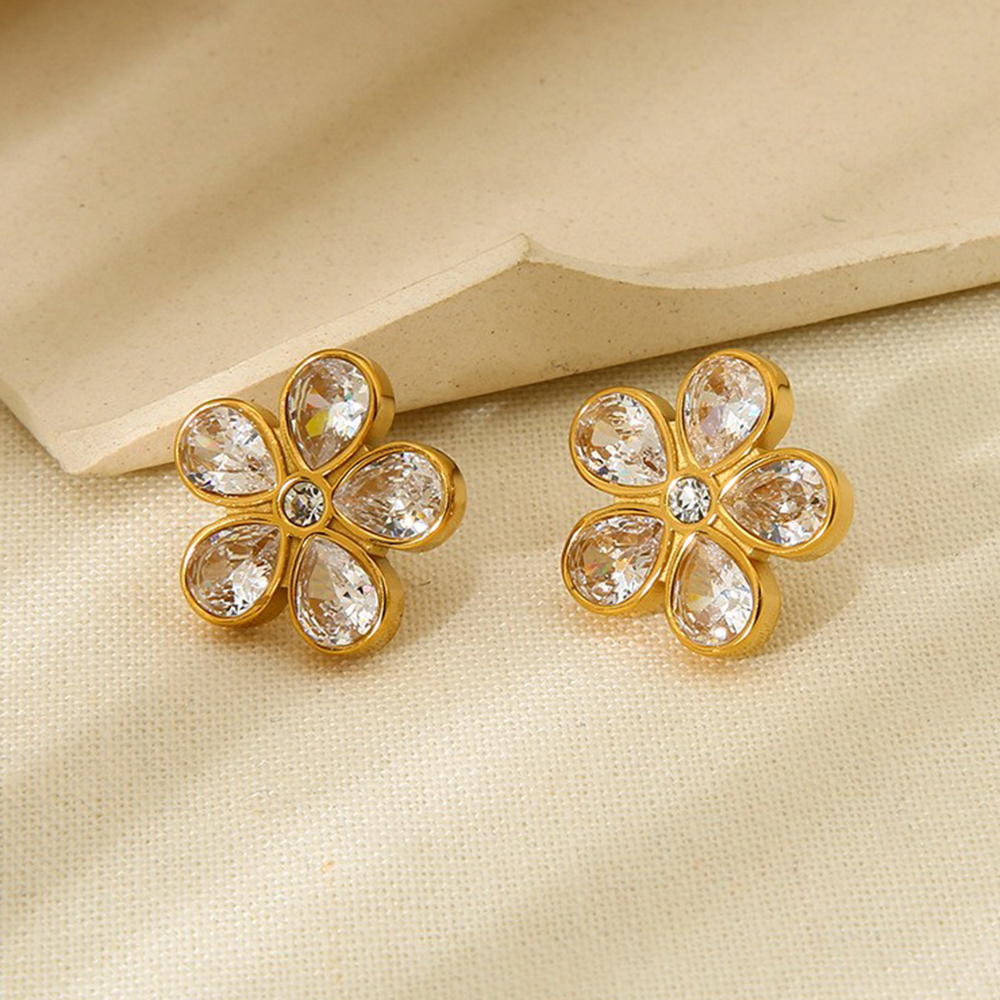 Ins Style 18K Gold Plated Stainless Steel Flower Stud Earrings, Inlaid Cubic Zirconia Fadeproof Luxury Designer Ear Jewelry For Women Daily Wear - Image 6