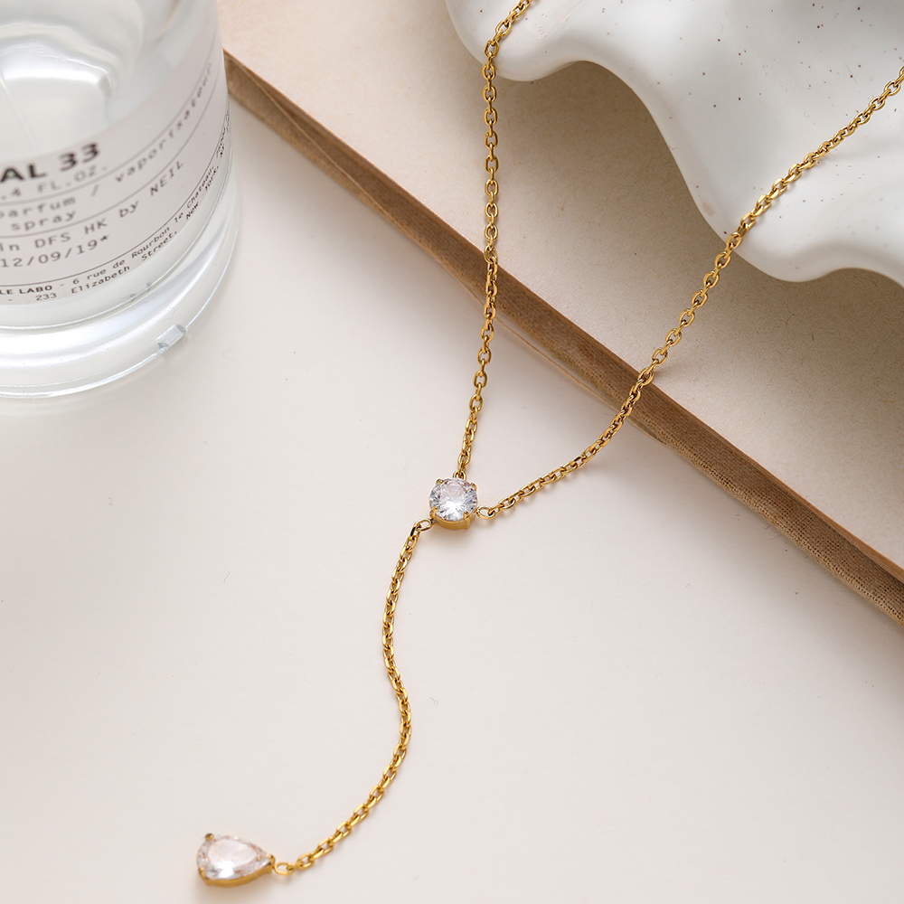 18K Gold Plated Stainless Steel Y-Shaped Necklace Round Teardrop Cubic Zirconia Pendant Necklace, Minimalist Luxury Women Neck Jewelry Daily Wear - Image 5