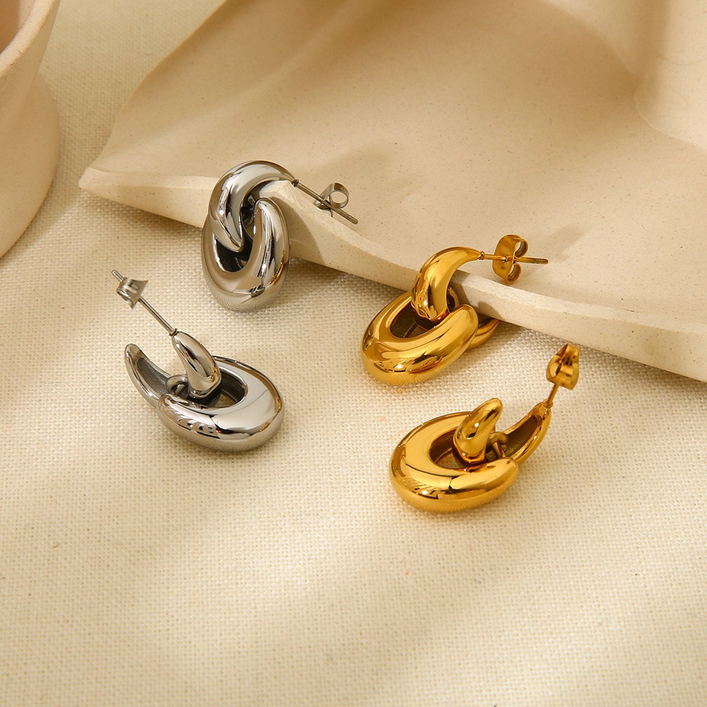 18K Gold Plated Waterproof Stainless Steel Earrings, Ins Light Luxury Smooth Geometric Studs & Ribbed Rectangular Hoop Earrings For Women Daily Wear - Image 7