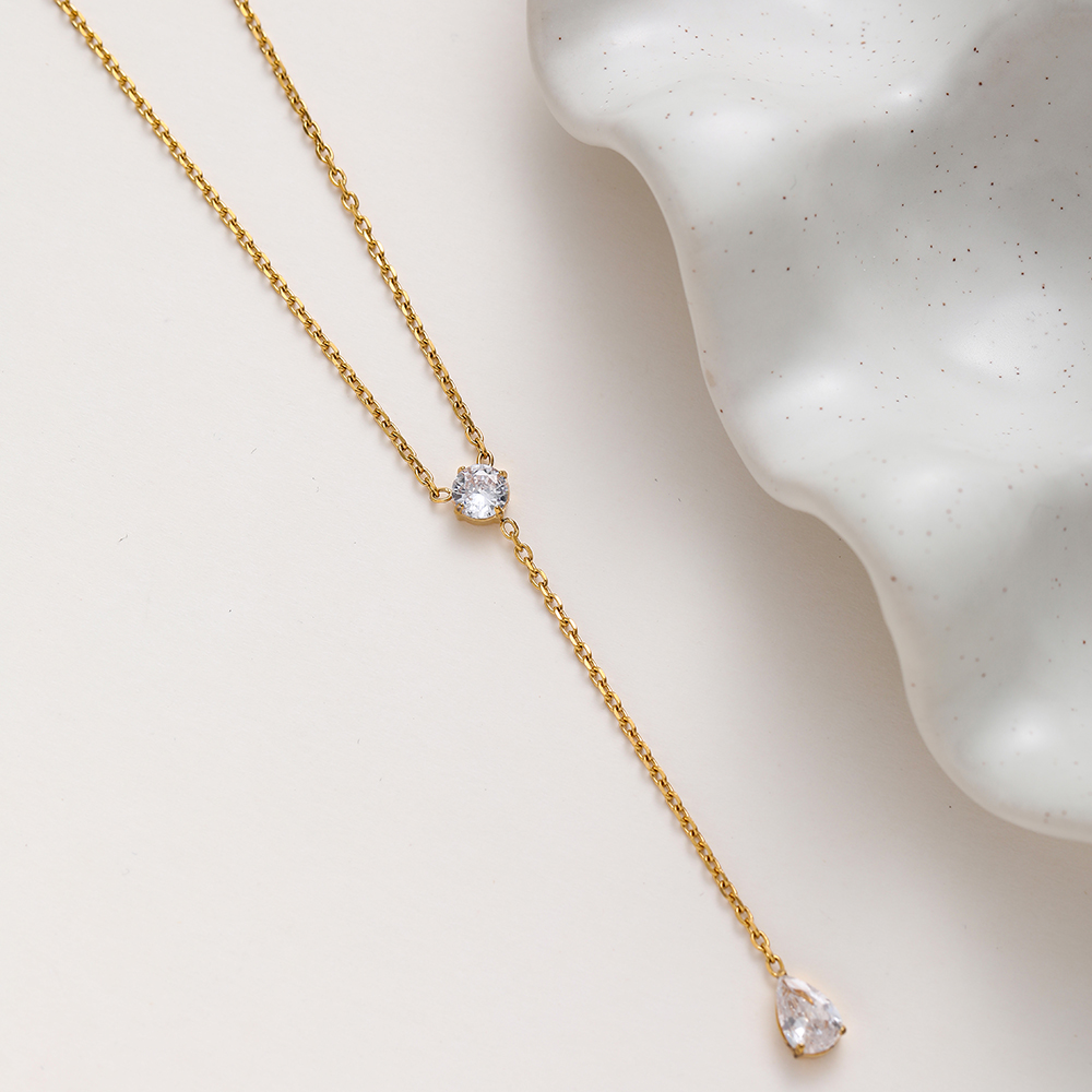 18K Gold Plated Stainless Steel Y-Shaped Necklace Round Teardrop Cubic Zirconia Pendant Necklace, Minimalist Luxury Women Neck Jewelry Daily Wear - Image 6