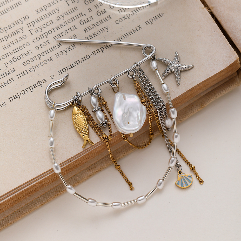 Ins Style 18K Gold Plated Waterproof Stainless Steel Brooch Faux Pearl Tassel Pendant Multi-purpose Pin Fashion Clothing Accessory For Women - Image 7
