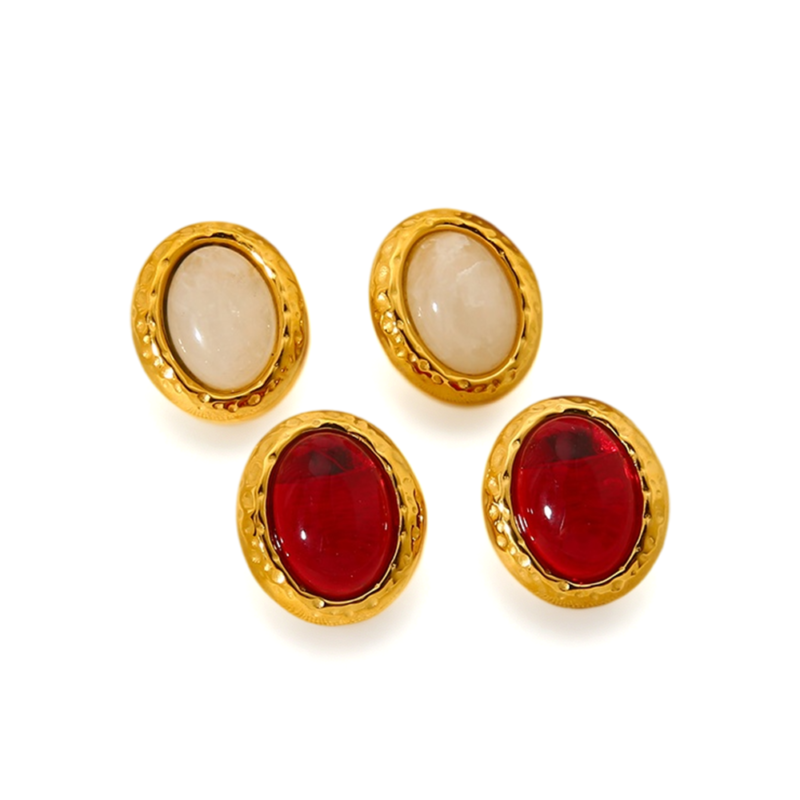 Vintage Hammered Gold Oval Natural Stone Stud Earrings, Retro Red & White Natural Stone Ear Jewelry for Women