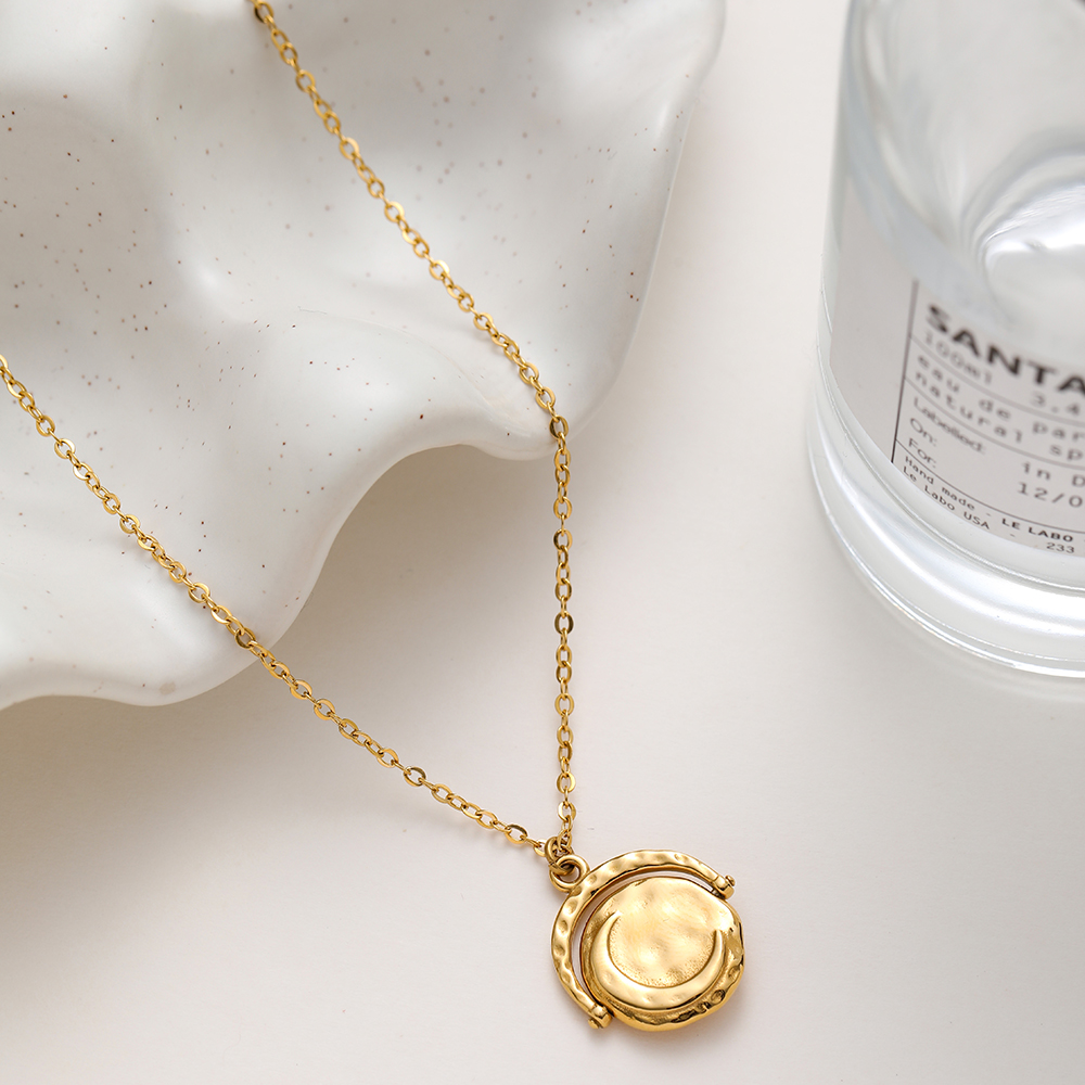 Ins Vintage Luxury 18K Gold Plated Waterproof Stainless Steel Necklace, Rotatable Double Sided Moon Star Pendant Necklace For Women Neck Jewelry - Image 6