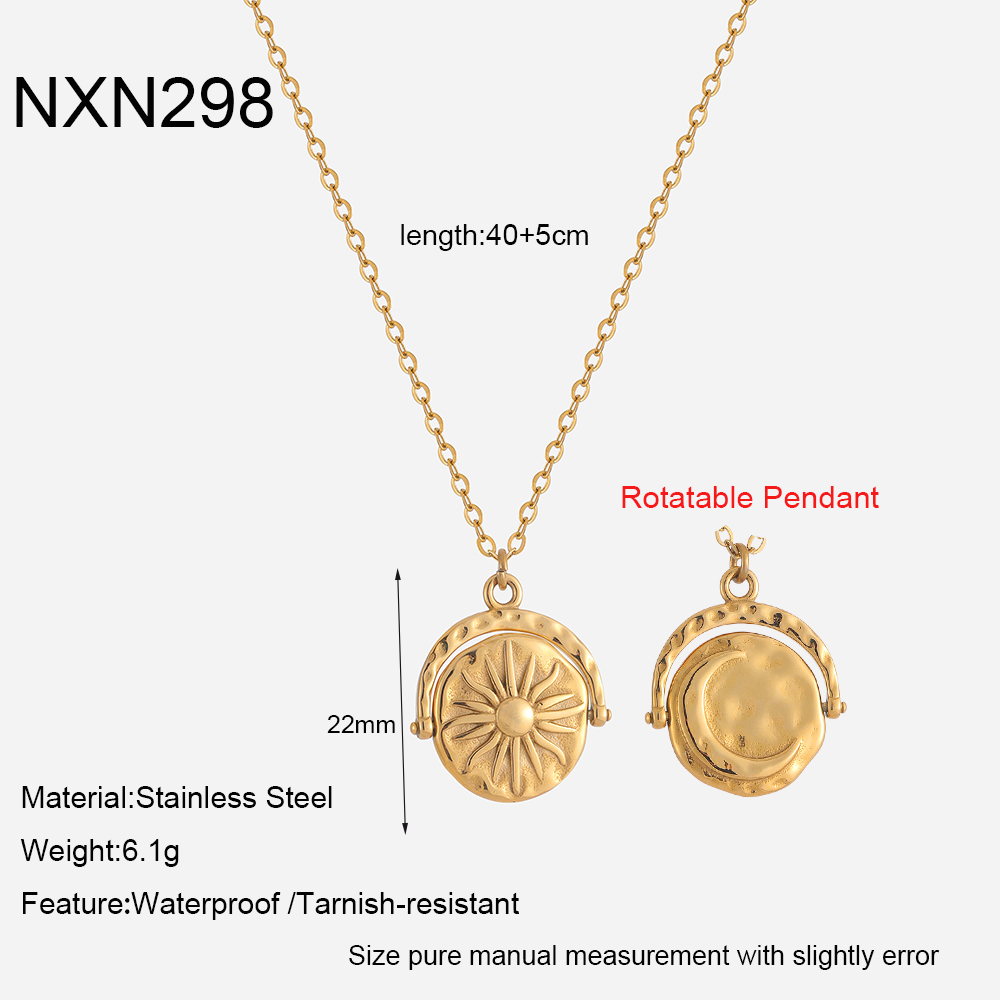 Ins Vintage Luxury 18K Gold Plated Waterproof Stainless Steel Necklace, Rotatable Double Sided Moon Star Pendant Necklace For Women Neck Jewelry - Image 7