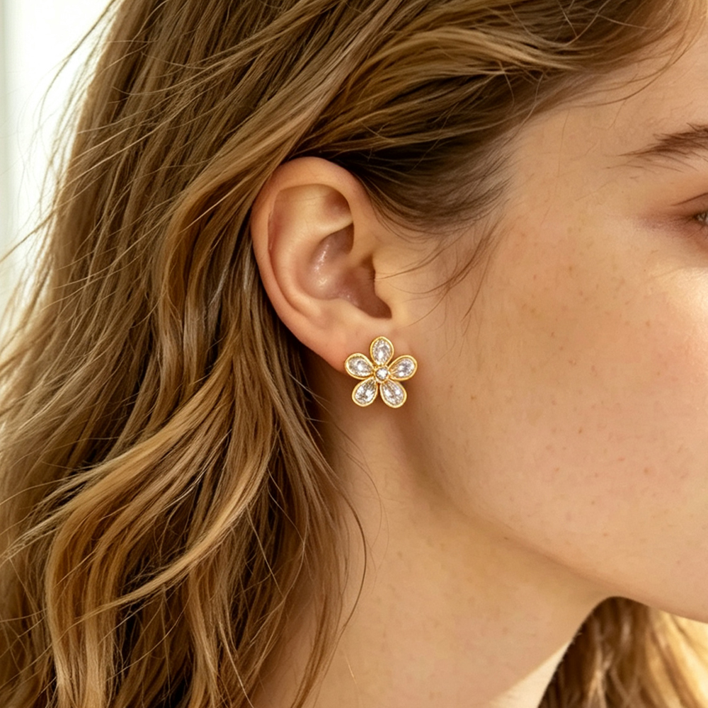 Ins Style 18K Gold Plated Stainless Steel Flower Stud Earrings, Inlaid Cubic Zirconia Fadeproof Luxury Designer Ear Jewelry For Women Daily Wear - Image 3