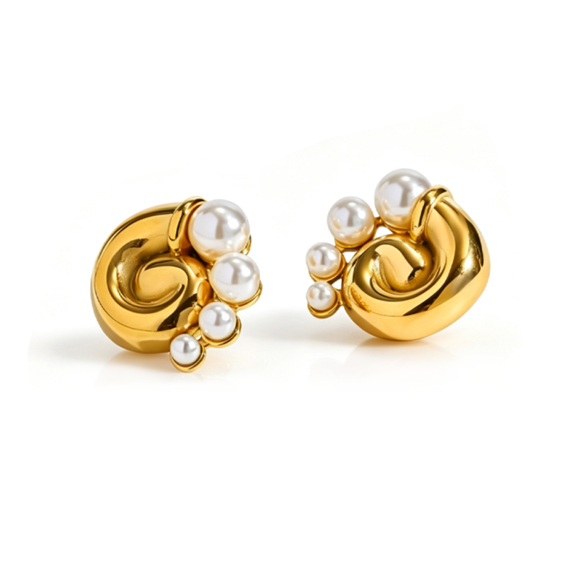 Spiral Seashell Stud Earrings with Imitation Pearls,18K Gold Plated Waterproof Stainless Steel Ocean Luxury Women Jewelry