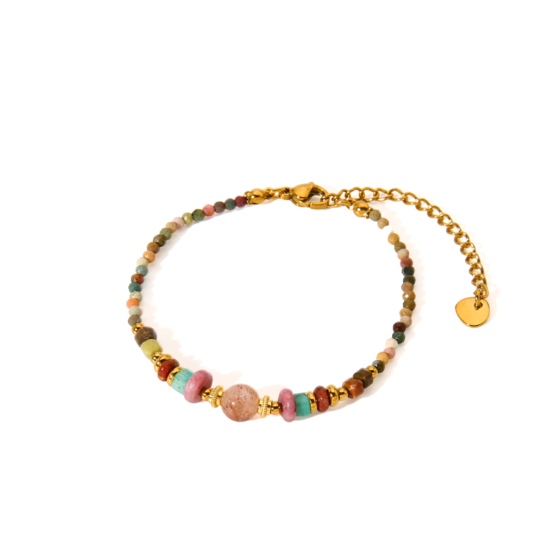 Natural Stone Beaded Bracelet, 18K Gold Plated Waterproof Stainless Steel