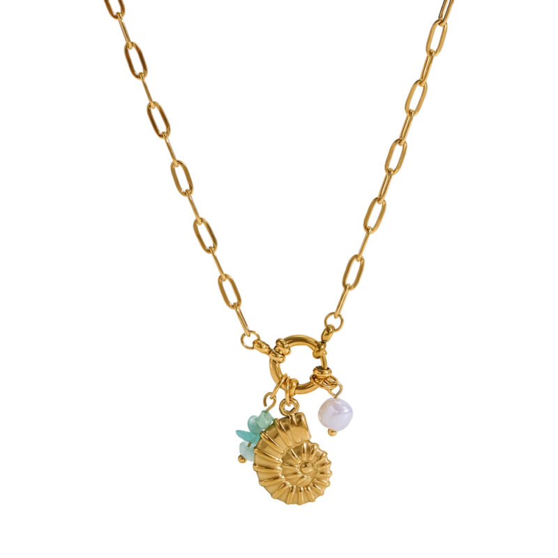 18K Gold Plated Stainless Steel Conch Natural Stone Pendant Necklace Waterproof Vacation Style
