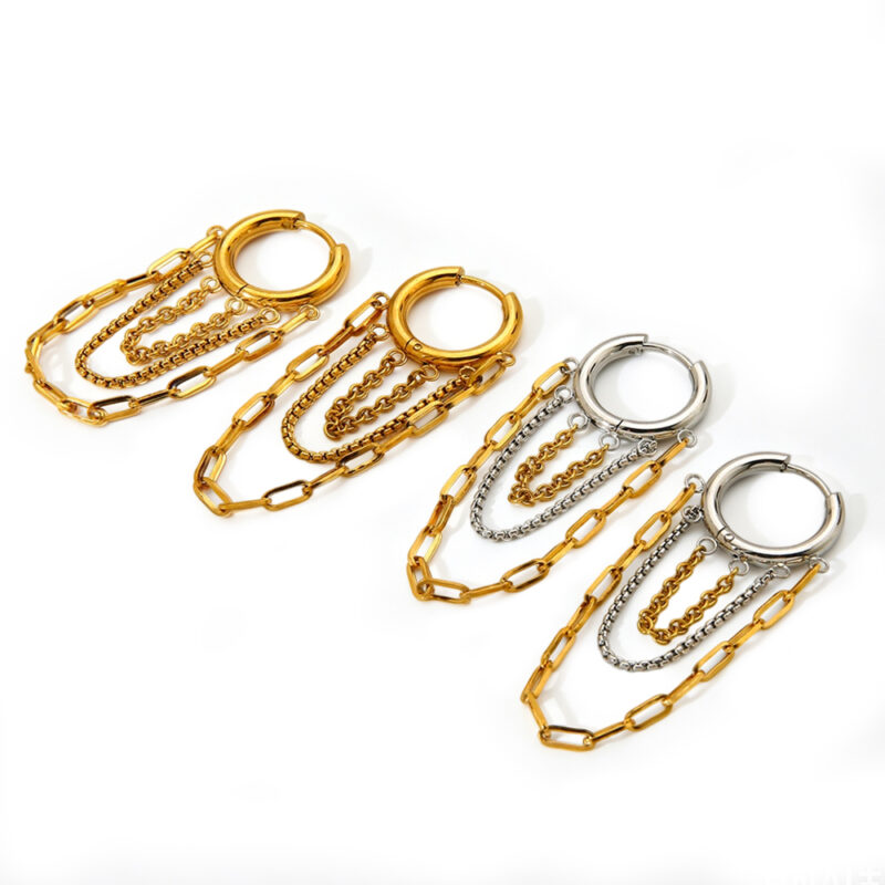 18K Gold-Plated Waterproof Stainless Steel Chain Tassel Dangle Hoop Earrings Multi-Layer Chain Drop Huggie Earrings Niche Luxury Jewelry For Women