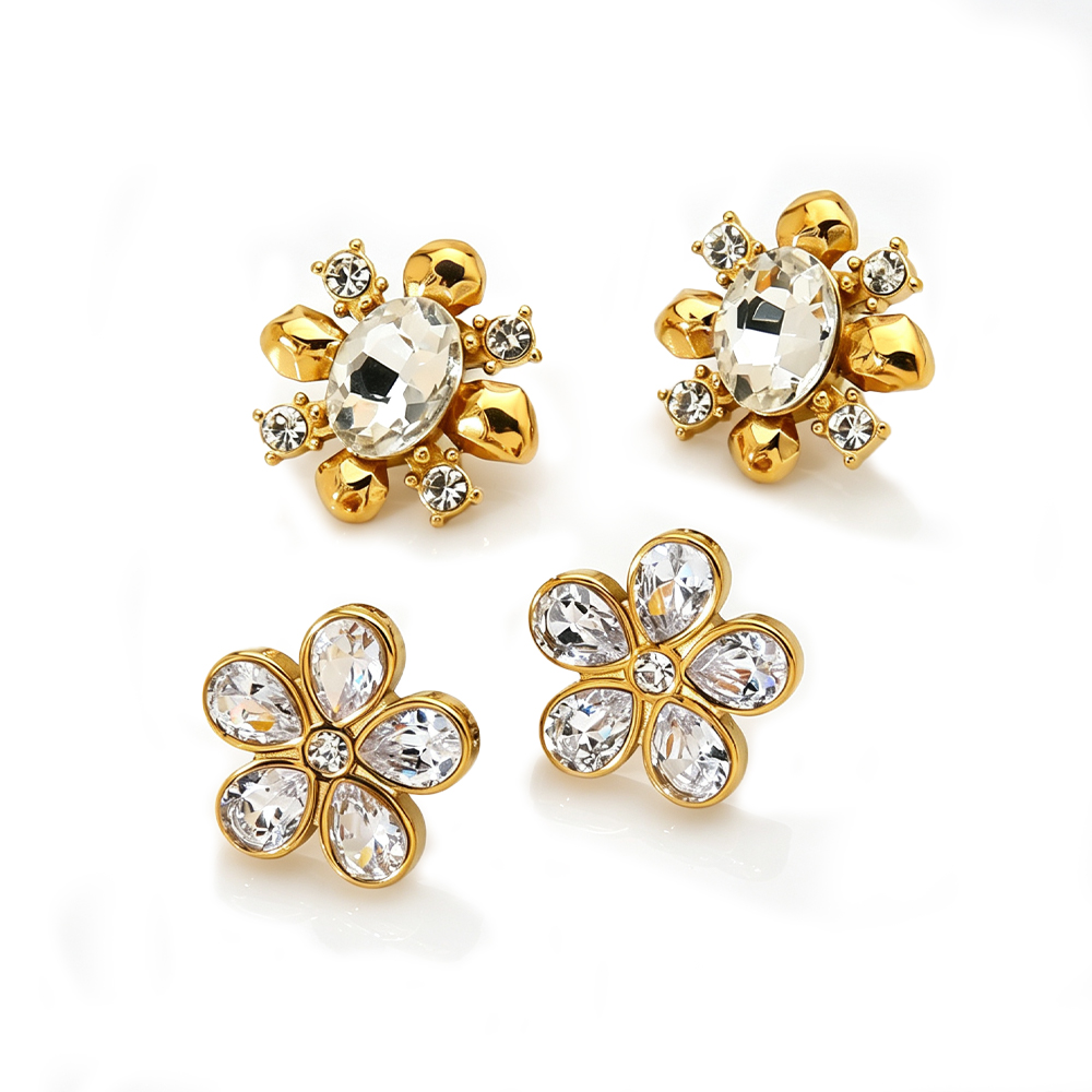 Ins Style 18K Gold Plated Stainless Steel Flower Stud Earrings, Inlaid Cubic Zirconia Fadeproof Luxury Designer Ear Jewelry For Women Daily Wear