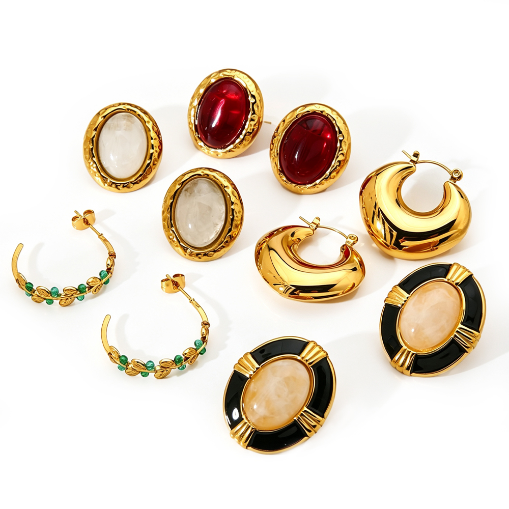 18K Gold Plated Waterproof Stainless Steel Oval Geometric Stud Earrings, High-End Fashion Ear Jewelry For Women Daily Wear
