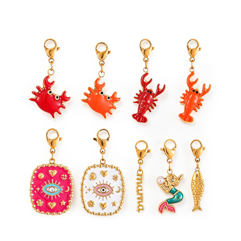 18K Gold Plated Waterproof Stainless Steel Enamel Charms, Crab Lobster Mermaid Pendant Charms, DIY Jewelry Making Accessories With Lobster Clasp For Bracelet Necklace