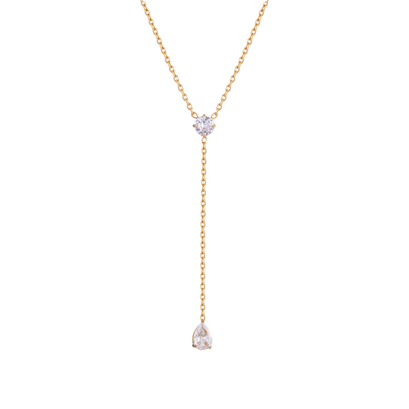 18K Gold Plated Stainless Steel Y-Shaped Necklace Round Teardrop Cubic Zirconia Pendant Necklace, Minimalist Luxury Women Neck Jewelry Daily Wear