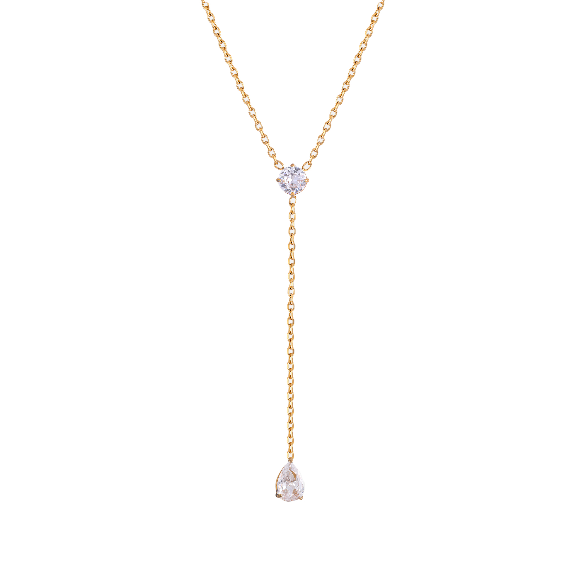 18K Gold Plated Stainless Steel Y-Shaped Necklace Round Teardrop Cubic Zirconia Pendant Necklace, Minimalist Luxury Women Neck Jewelry Daily Wear