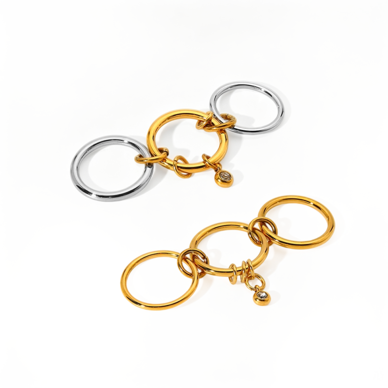 18K Gold-Plated Waterproof Stainless Steel Round Zircon Ring Two-Tone Triple Layer Band Ring INS Trendy Unique Finger Jewelry For Women