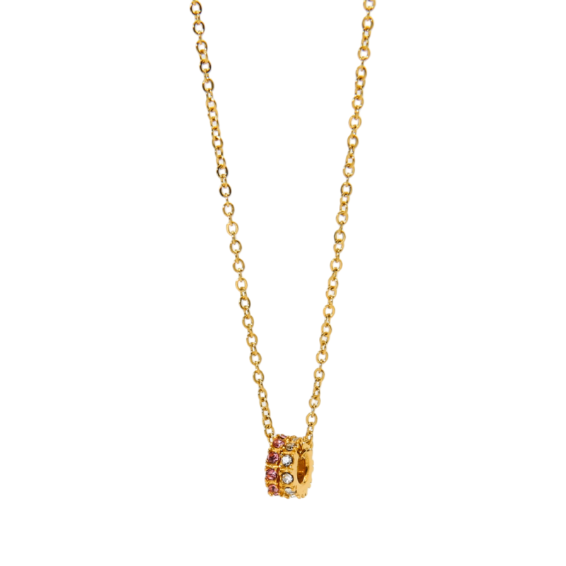 18K Gold Plated Stainless Steel Double Ring Pendant Necklace for Women, Ins Minimalist Luxury Niche Design Necklace Inlaid Pink & White Cubic Zirconia Dainty Neck Jewelry