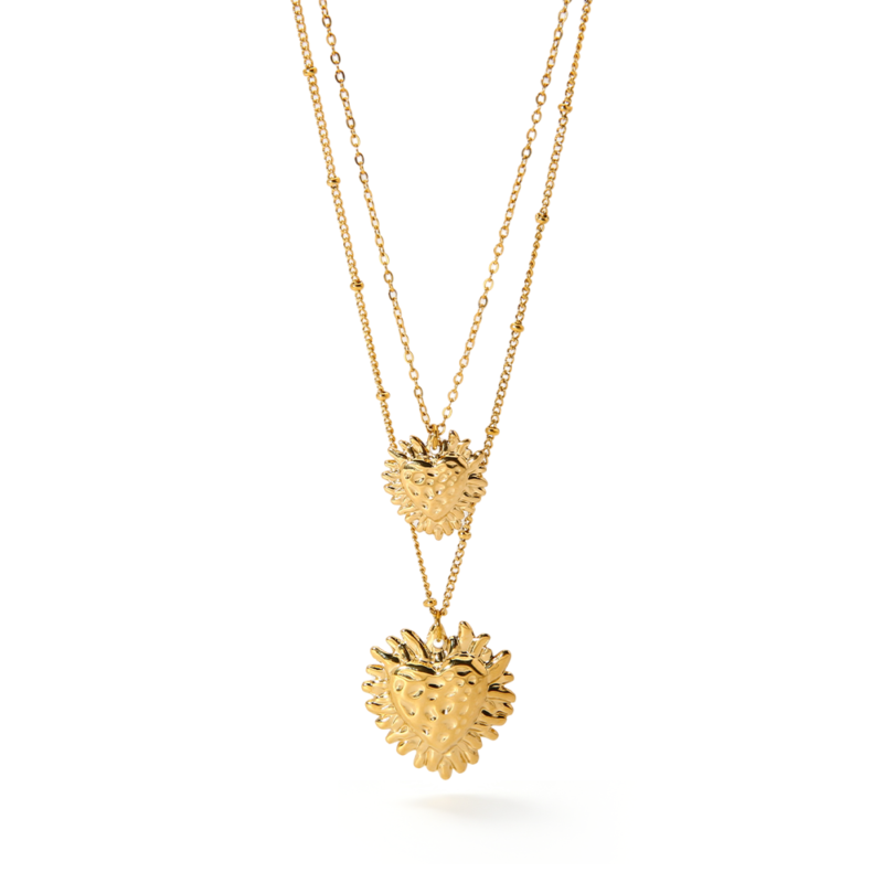 14K Gold-Plated Stainless Steel Hammered Heart Charms, Niche Elegant Double Layer Pendant Necklaces For Women