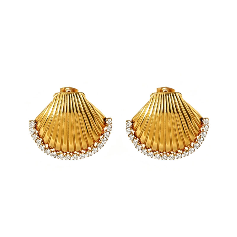 18K Gold Plated Waterproof Stainless Steel Stud Earrings INS Style Inlaid Cubic Zirconia Shell Ear Jewelry Ocean Element Versatile Earrings For Women Daily Wear