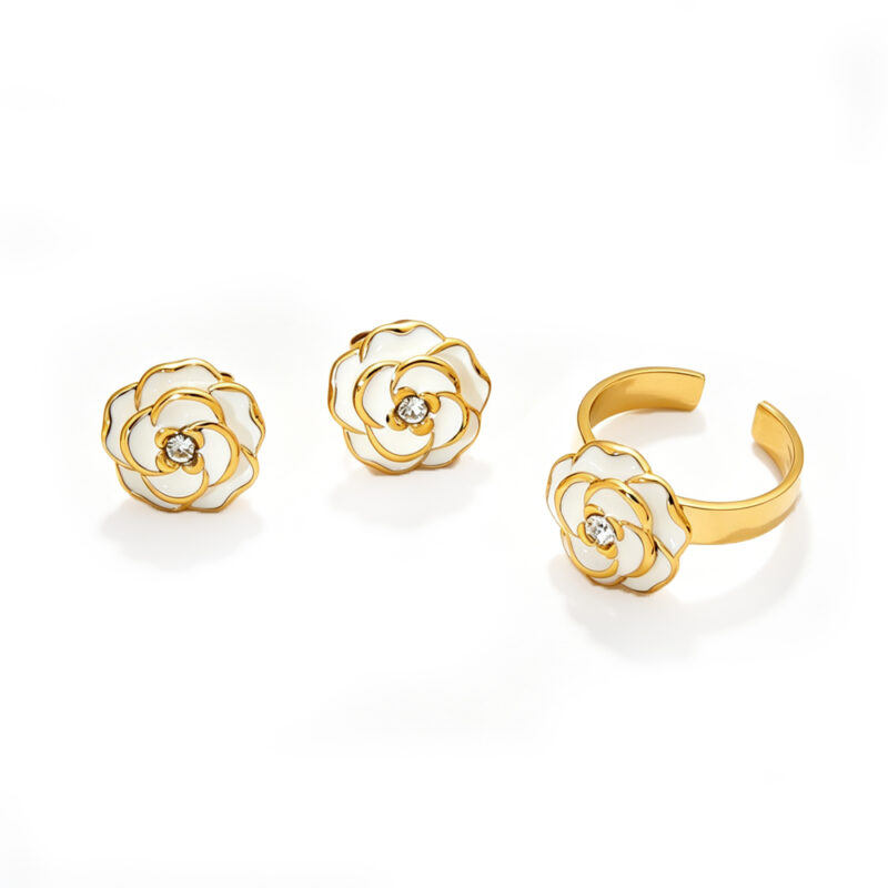18K Gold Plated Durable Waterproof Stainless Steel Camellia Stud Earrings Open Rings for Women, Ins Style Enamel Inlaid Cubic Zirconia Elegant Jewelry Sold Separately