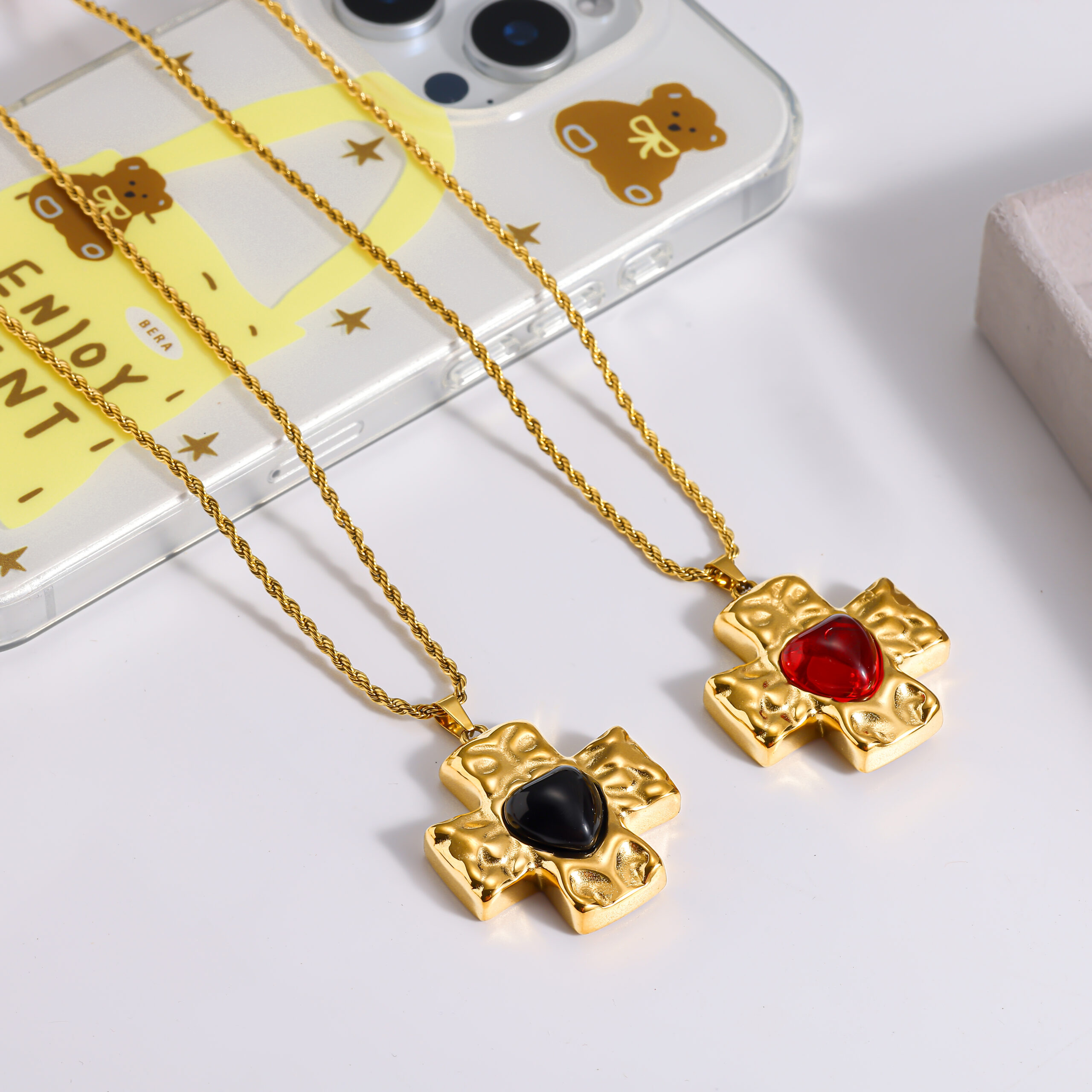 18K Gold Plated Waterproof Stainless Steel Necklace, Hammered Heart Cross Pendant Twist Rope Chain Necklace, Niche Luxury Women Neck Jewelry For Daily Wear - Image 4
