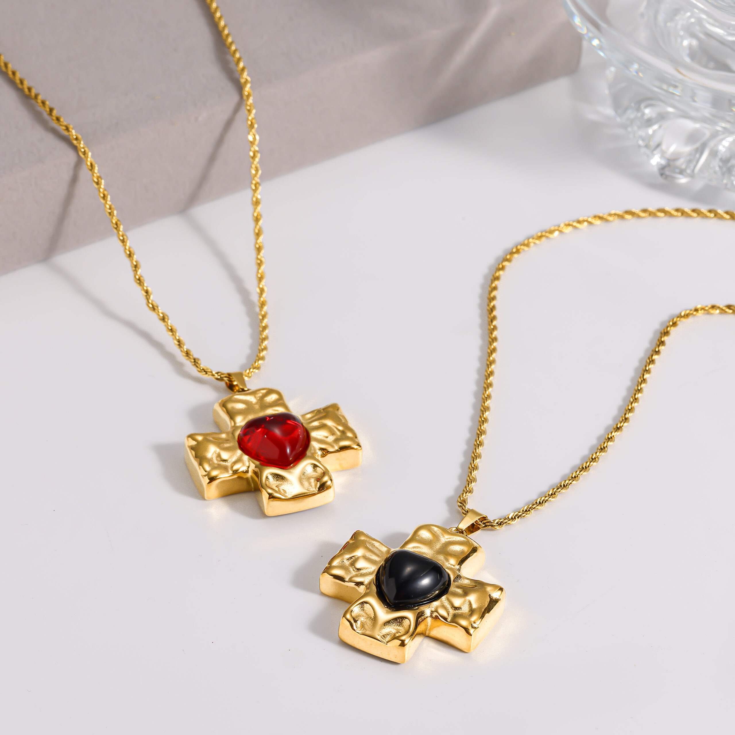 18K Gold Plated Waterproof Stainless Steel Necklace, Hammered Heart Cross Pendant Twist Rope Chain Necklace, Niche Luxury Women Neck Jewelry For Daily Wear - Image 5