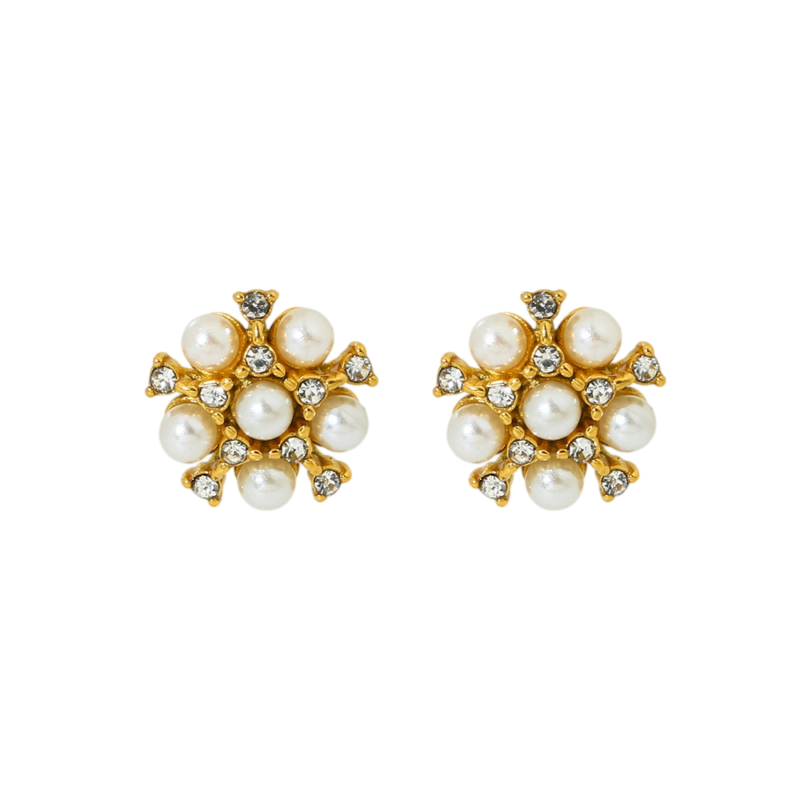 Stud Earrings, 18K Gold-Plated Stainless Steel Flower Pearl Rhinestone Inlaid Vintage Women Ear Jewelry