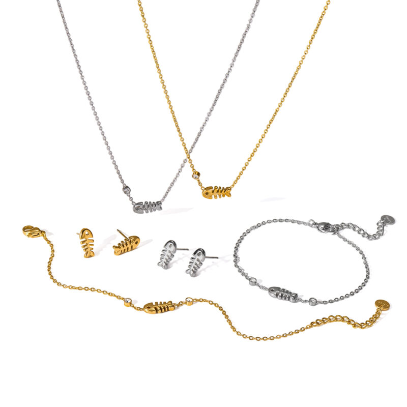 18K gold‑plated stainless steel fish‑skeleton motif jewelry, waterproof necklace bracelet stud earrings ins‑trendy everyday women’s accessories