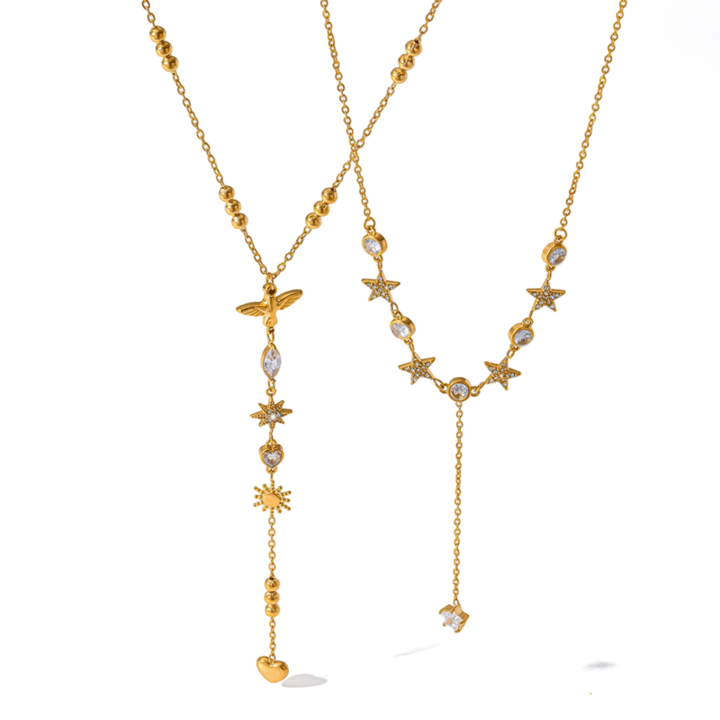 18K gold plated stainless steel geometric star y‑drop necklace cubic zirconia stackable elegant women choker neck jewelry
