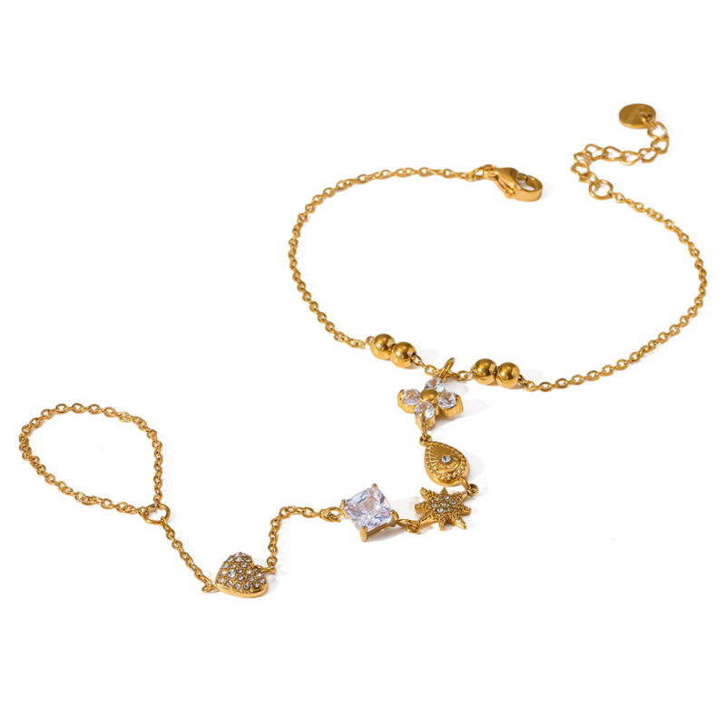 `18K gold plated stainless steel heart star cubic zirconia linked finger hand chain integrated luxury women hand jewelry`