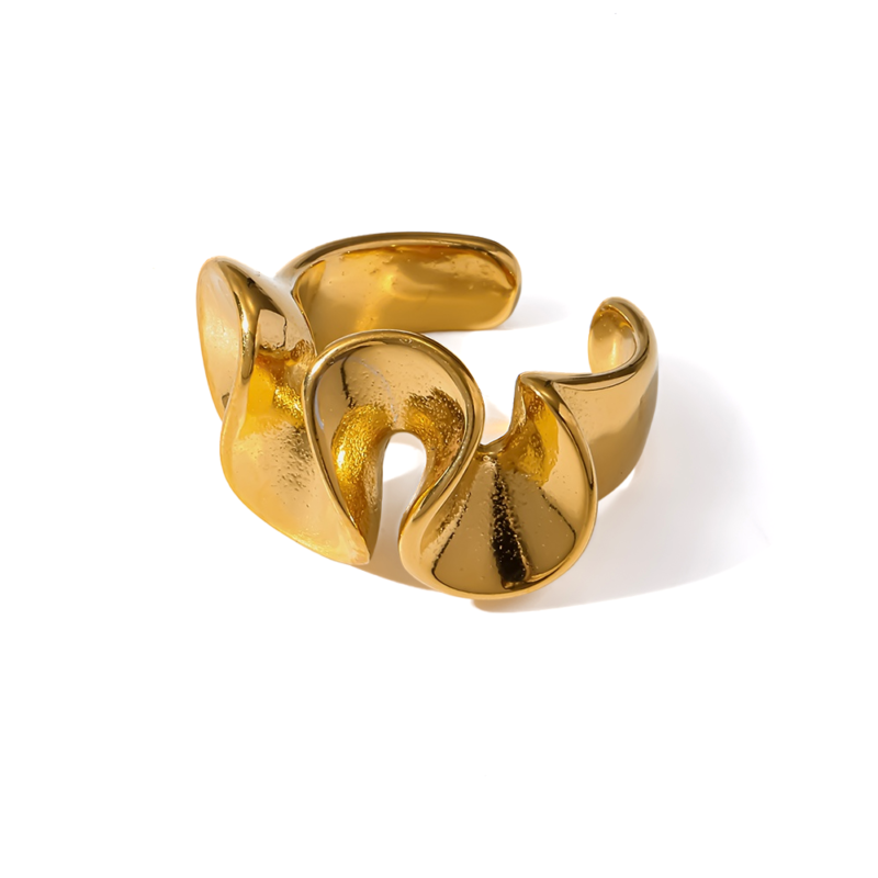 18K Gold‑Plated Stainless Steel Lotus Leaf Wave Open Ring, Irregular Textured Statement Finger Ring For Women
