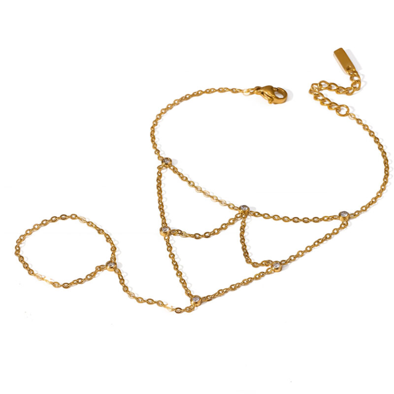 18K Gold‑Plated Stainless Steel Multi‑Layer Cubic Zirconia Hand Chain, Dainty Linked Finger Bracelet Stackable Luxury Hand Jewelry For Women
