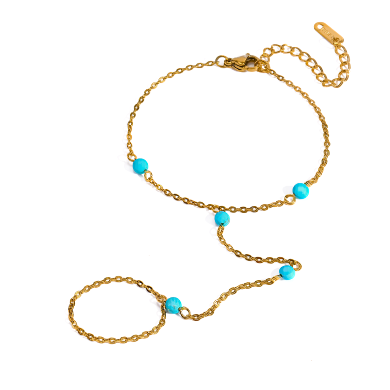 Turquoise Linked Finger Bracelet 18K Gold‑Plated Stainless Steel