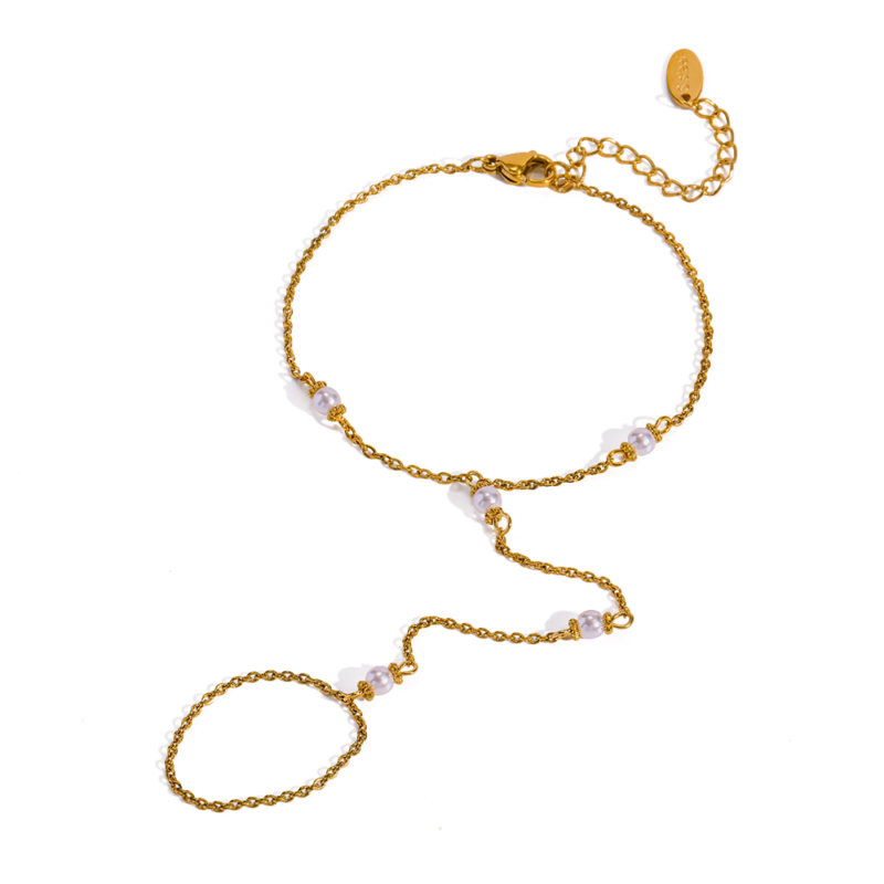 Imitation Pearl Linked Finger Bracelet 18K Gold‑Plated Stainless Steel