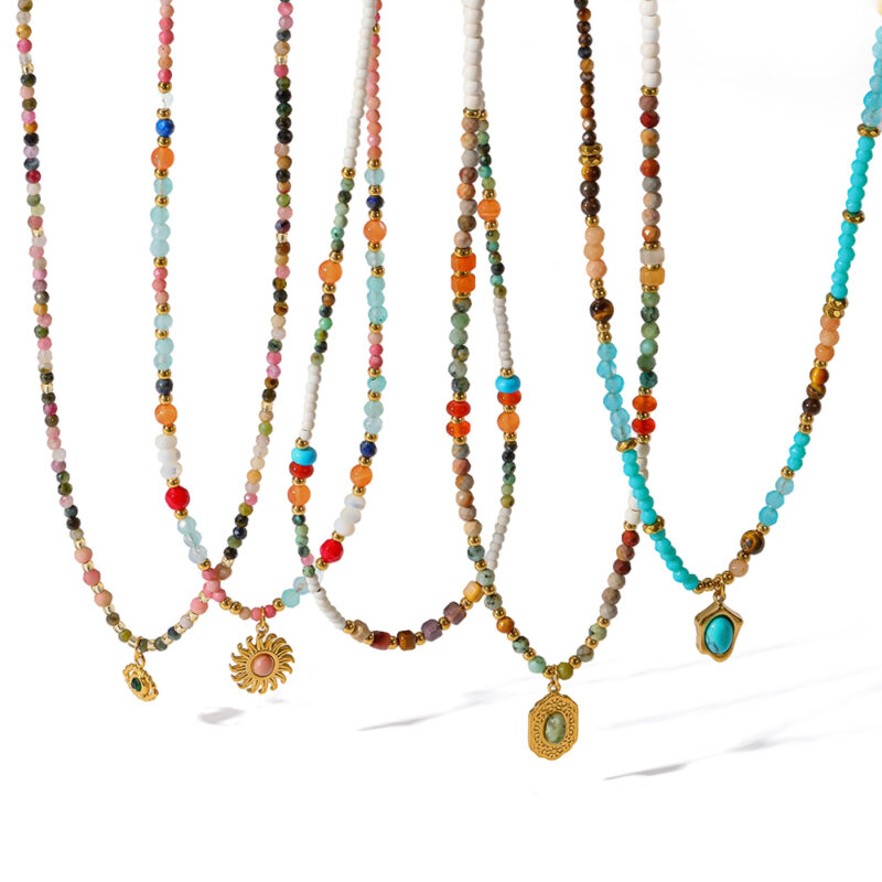 18K Gold‑Plated Stainless Steel Natural Stone Beaded Necklace, Geometric Pendant Vintage Collarbone Neck Jewelry For Women