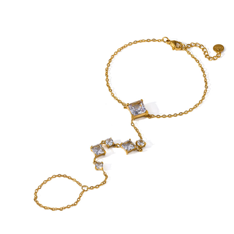18K gold plated stainless steel square cubic zirconia hand chain dainty linked‑finger luxury women hand jewelry